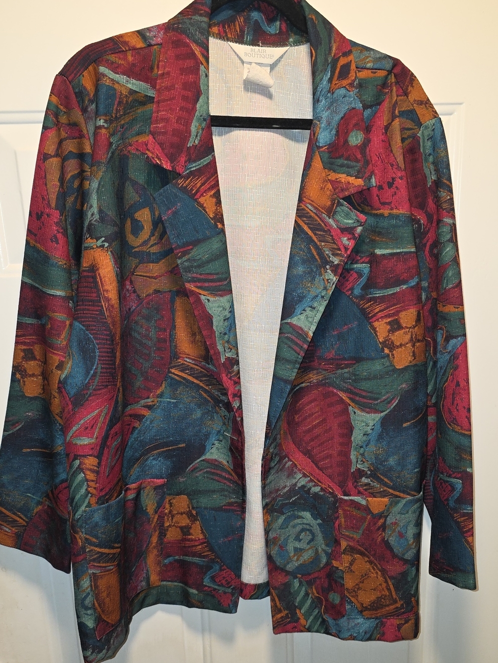 Abstract Print Open Blazer Jacket - Multicolor (Red, Teal, Gold)